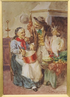 Lot 699 - L....Morello (19th/20th century) Italian Elderly Italian Couple in a Kitchen Interior Signed,...