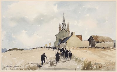 Lot 709 - Edward Wesson RI, RBA, RSMA (1910-1983) Religious Procession approaching a Church Signed twice,...