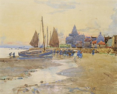 Lot 730 - Frank Henry Algernon Mason RI, RBA (1876-1965) Beach Scene at Low Tide, with figures unloading...