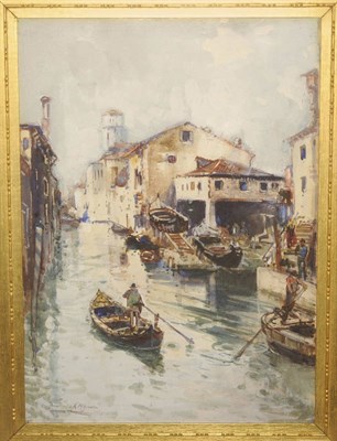 Lot 731 - Frank Henry Algernon Mason RI, RBA (1876-1965) Venetian Canal Scene with Figures in Fishing...