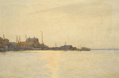 Lot 732 - Ernest Dade (1864-1934) Fishing Boats Anchored beside Buildings in an Estuary Signed and dated...