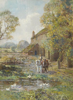 Lot 741 - Stanley Royle RBA, ARWA, ARCA (1888-1961) Farmyard Scene, with a figure, shire horses, chickens and