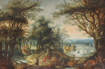 Lot 742 - Circle of Abraham Govaerts (1589-1626) Sunlit Wooded Landscape, with figures and dogs in the...