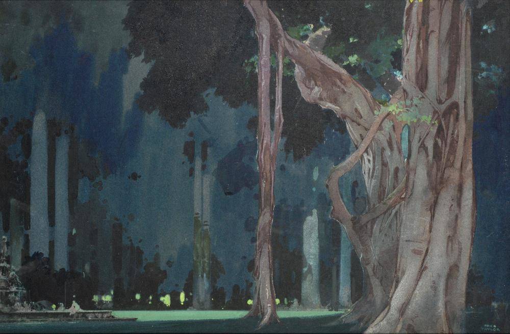 Lot 49 - Fred Taylor (1875-1963) Night trees and fountain Signed, watercolour, 31cm by 47.5cm...