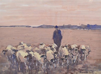 Lot 52 - William Norman Gaunt (1918-2001)  Shepherd herding a flock of sheep Signed, watercolour, 49.5cm...