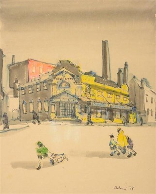 Lot 72 - Harold Riley (b.1934) Northwest street scene with figures Signed and dated (19)73, mixed media,...