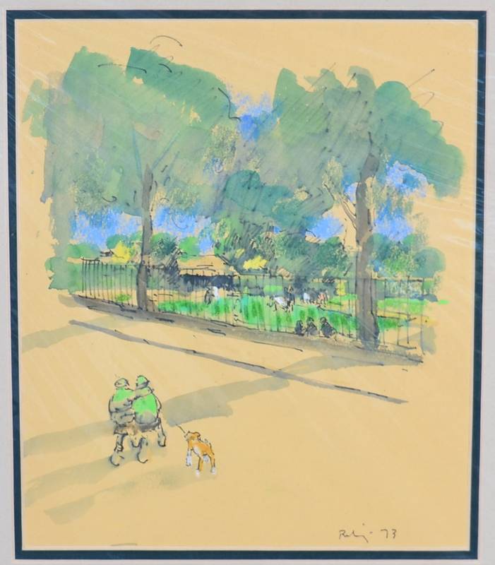 Lot 73 - Harold Riley (b.1934) The dog walk- two school boys wearing green blazers beside park railings...