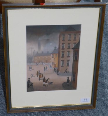 Lot 75 - Brian Shields 'Braaq' FBA (1951-1997) Street scene with figures  Signed and dated (19)72, inscribed
