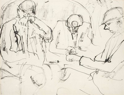 Lot 78 - Tom McGuinness (1926-2006) Miners taking snuff Signed verso, pen, ink and charcoal, 21cm by 27.5cm