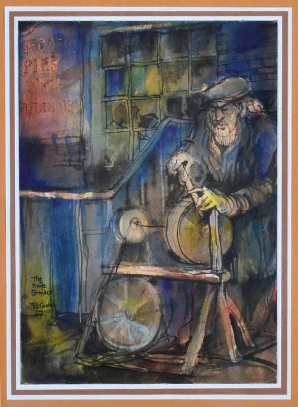 Lot 90 - Pat Cooke (1935-2000)   ''The Knife Grinder'' Signed, inscribed and dated (19)67, mixed media, 23cm