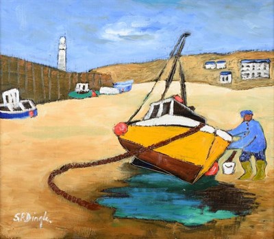 Lot 100 - Stephanie Dingle (1926-2017) ''Yellow Boat- Low Tide'' Signed, inscribed verso, oil on board,...