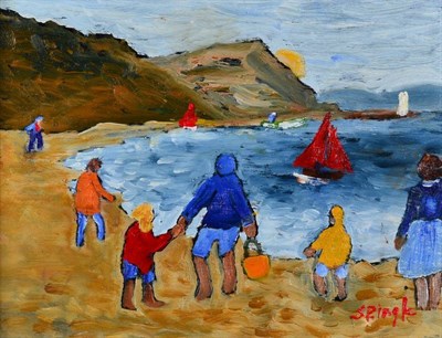 Lot 102 - Stephanie Dingle (1926-2017) ''Red Sail with Spectators'' Signed, inscribed verso, oil on...