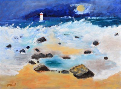 Lot 103 - Stephanie Dingle (1926-2017) Lighthouse and beach at night Signed, oil on canvas, 45cm by 60cm...
