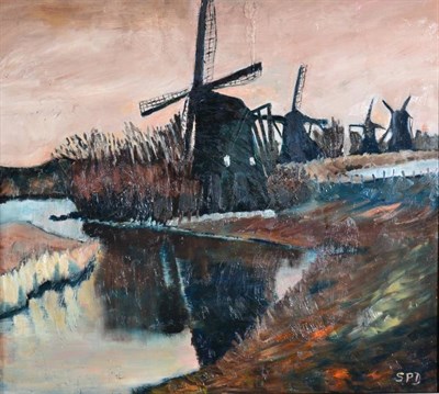 Lot 106 - Stephanie Dingle (1926-2017) ''Windmills'' Signed, inscribed verso, oil on board, 44cm by 50cm...