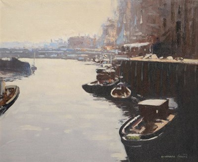 Lot 109 - William Norman Gaunt (1918-2001) A dockland  Signed, oil on canvas, 49cm by 59cm   Provenance: T.B.