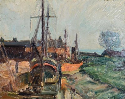 Lot 110 - Ronald Ossory Dunlop (1894-1973) Irish Boatyard Signed, oil on canvas, 39.5cm by 50cm  Artist's...