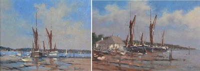 Lot 111 - Brian J Jones RSMA (b.1945) Fishing boats and yachts moored beside a white cottage Signed, oil...