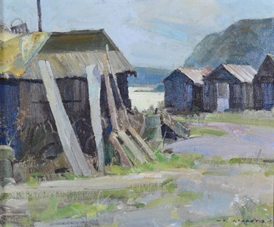 Lot 114 - David Jan Curtis ROI, RSMA (b.1948) ''Fisherman's Huts, Port Mulgrave'' Signed, oil on board,...