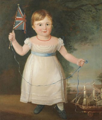 Lot 752 - English Provincial School (19th century) Portrait of a Child holding a Union Jack, a toy boat...