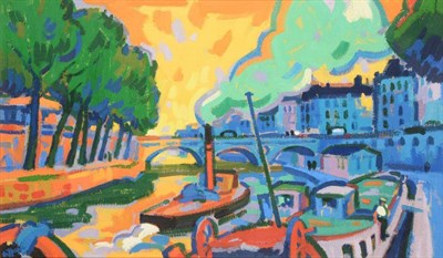 Lot 131 - Joan Gillespie (b.1954) Scottish ''On the Seine''  Signed, oil on board, 52cm by 89.5cm...