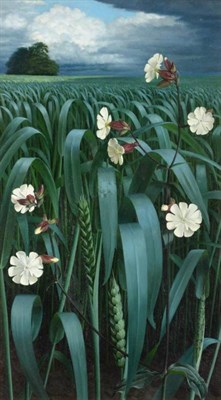 Lot 140 - Raymond C Booth (1929-2015)  Flowers before a cornfield  Signed and dated 1957, inscribed in pencil