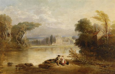 Lot 755 - Attributed to Samuel Bough RSA (19th century) River Landscape with Children Fishing, Bolton...