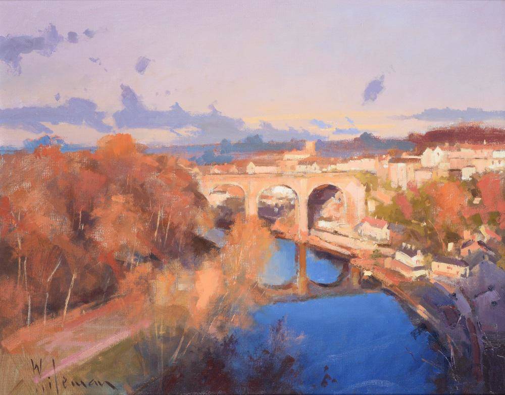 Lot 148 - Peter Wileman PPROI RSMA EAGMA FRSA (b.1946) ''The River Nidd, Knaresborough'' Signed, oil on...