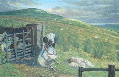 Lot 151 - Piers Browne (b.1949) ''Sheep Shearing, Wensleydale'' Signed and dated (19)97, inscribed to artists