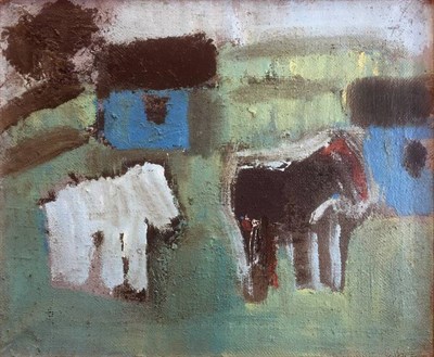 Lot 157 - Joash Woodrow (1927-2006)  ''Two Ponies in a Field'' Oil on sackcloth, circa 1965, 34cm by 55cm...