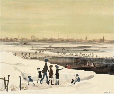 Lot 166 - Brian Shields 'Braaq' FBA (1951-1997) Figures playing in the snow before and industrial...