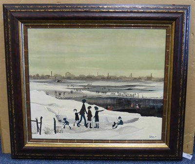 Lot 166 - Brian Shields 'Braaq' FBA (1951-1997) Figures playing in the snow before and industrial...