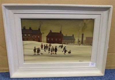 Lot 167 - Brian Shields 'Braaq' FBA (1951-1997) Figures and a dog before terraced houses Signed and dated...