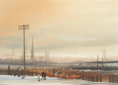 Lot 168 - Brian Shields 'Braaq' FBA (1951-1997) Figures before an industrial landscape  Signed and...