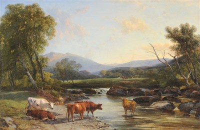 Lot 757 - Henry Brittan Willis RWS (1810-1884) Cattle beside a River with a Lakeland Landscape beyond Signed