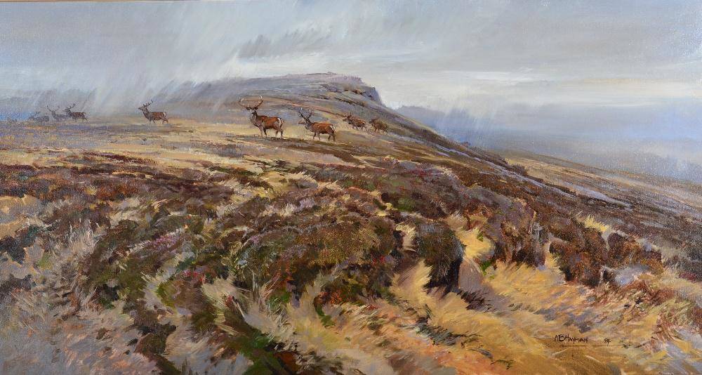Lot 180 - Alan B Hayman (b.1947)  Deer in Highland landscape Signed and dated (19)94, oil on canvas, 40cm...