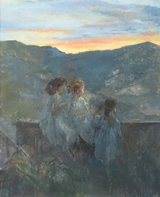 Lot 190 - Peter Kuhfeld RP NEAC (b.1952) Three Girls on a balcony at Ville Carmignano Signed, oil on...