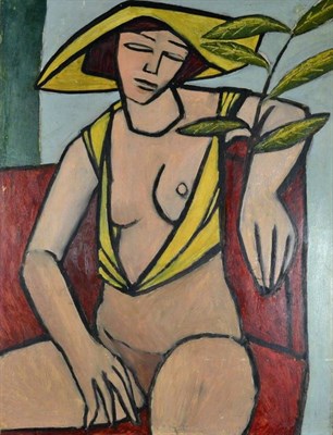 Lot 201 - Eric James Mellon (1925-2014) Nude wearing a yellow hat Oil on board, mid 1950s, 88.5cm by...