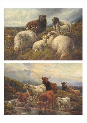 Lot 761 - Robert Watson (1865-1916) Ewes and Lambs on a Heather Clad Moor; Highland Cattle beside a...