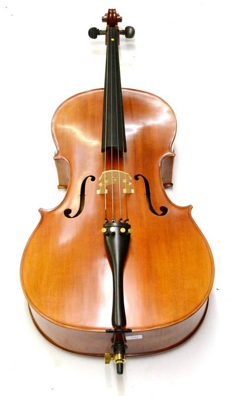 Lot 2039 - A Modern Violoncello, labelled 'Bellolino Academy', with 758mm two piece back, rosewood tuning...