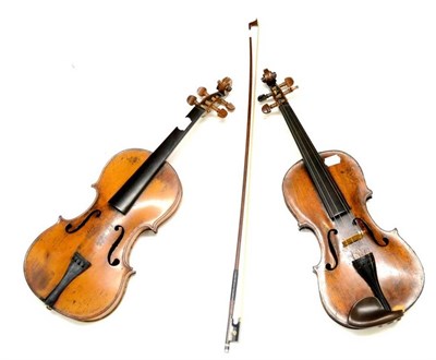 Lot 2045 - Two 19th Century German Violins, together with a bow (3)