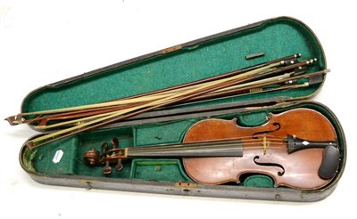 Lot 2047 - A 19th Century German Violin, no label, with a 359mm two piece back, rosewood tuning pegs, together