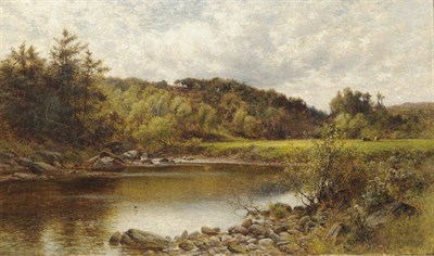 Lot 768 - Alfred Augustus Glendenning (fl.1861-1903) River Landscape with Cattle in a Sunlit Meadow...