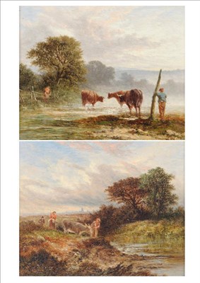 Lot 769 - Walter Williams (1835-1906) "The Edge of the Village", drover and cattle in a misty landscape; "The