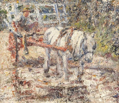 Lot 771 - Harry Fiddler ROI, RBA (1856-1935) "The Ford", a figure, horse and cart crossing a ford Extensively