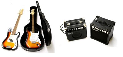 Lot 2095 - A Star Sound Strat-Type Electric Guitar, in hard case, a Bass Guitar and Two Amps - Watson and Page