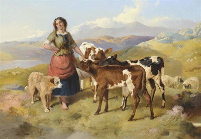 Lot 776 - George William Horlor (1823-1895) Milkmaid with Calves in a Lakeland Landscape Signed and dated...