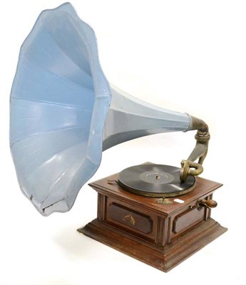 Lot 2134 - An HMV Oak Cased Gramophone, with handle wind, repainted metal horn and 'Nipper' logo to front