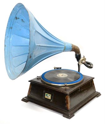 Lot 2135 - An HMV Oak Cased Gramophone, with handle wind, repainted metal horn and 'Nipper' logo to front