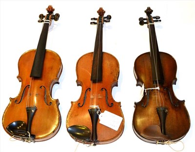 Lot 2007 - Three 19th Century German Violins, no labels, all with ebony tuning pegs, no cases