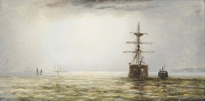 Lot 780 - Adolphus Knell (ex.1860-1890) Shipping in a Calm off a Coastline; Shipping by Moonlight One signed